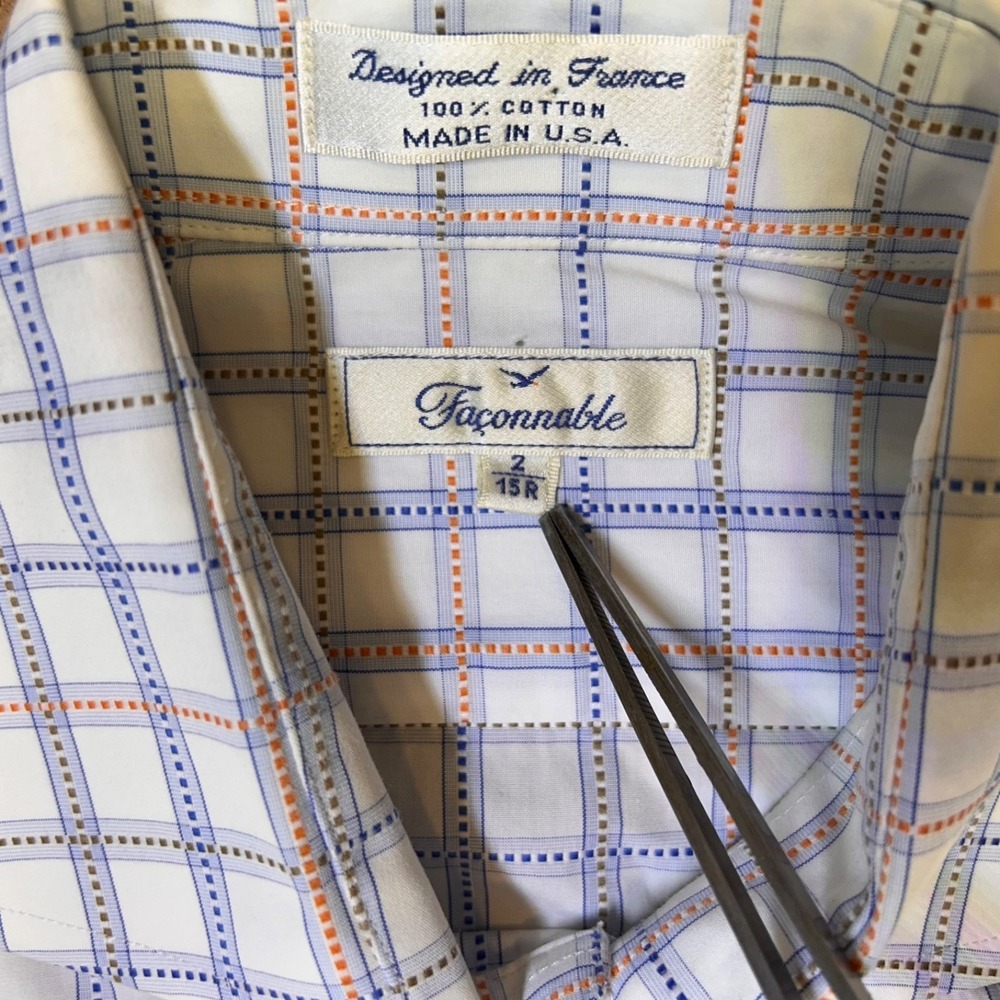 Faconnable Long Sleeve Button Up Shirt USA 100% Cotton Mens 15R White w/Plaid - Picture 3 of 13